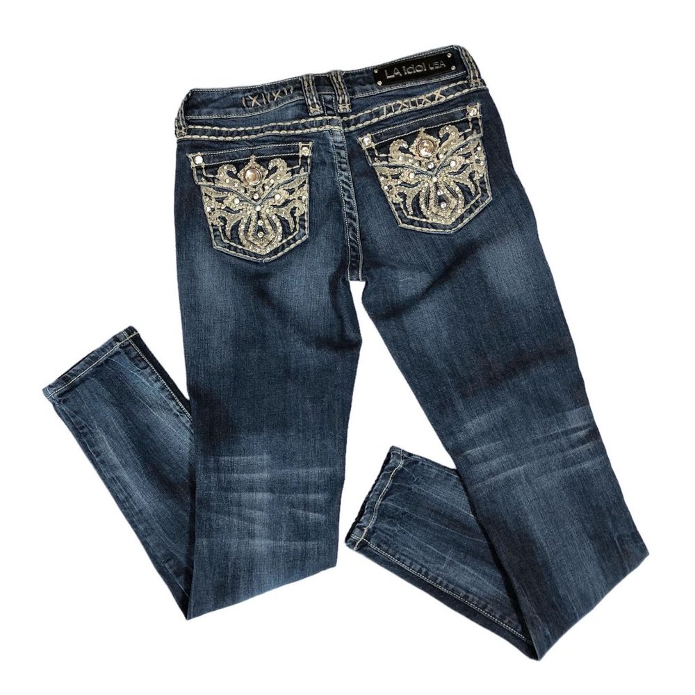 LA Idol USA Womens Jeans Skinny Blue Stitching and Rhinestone Size 7 30x30